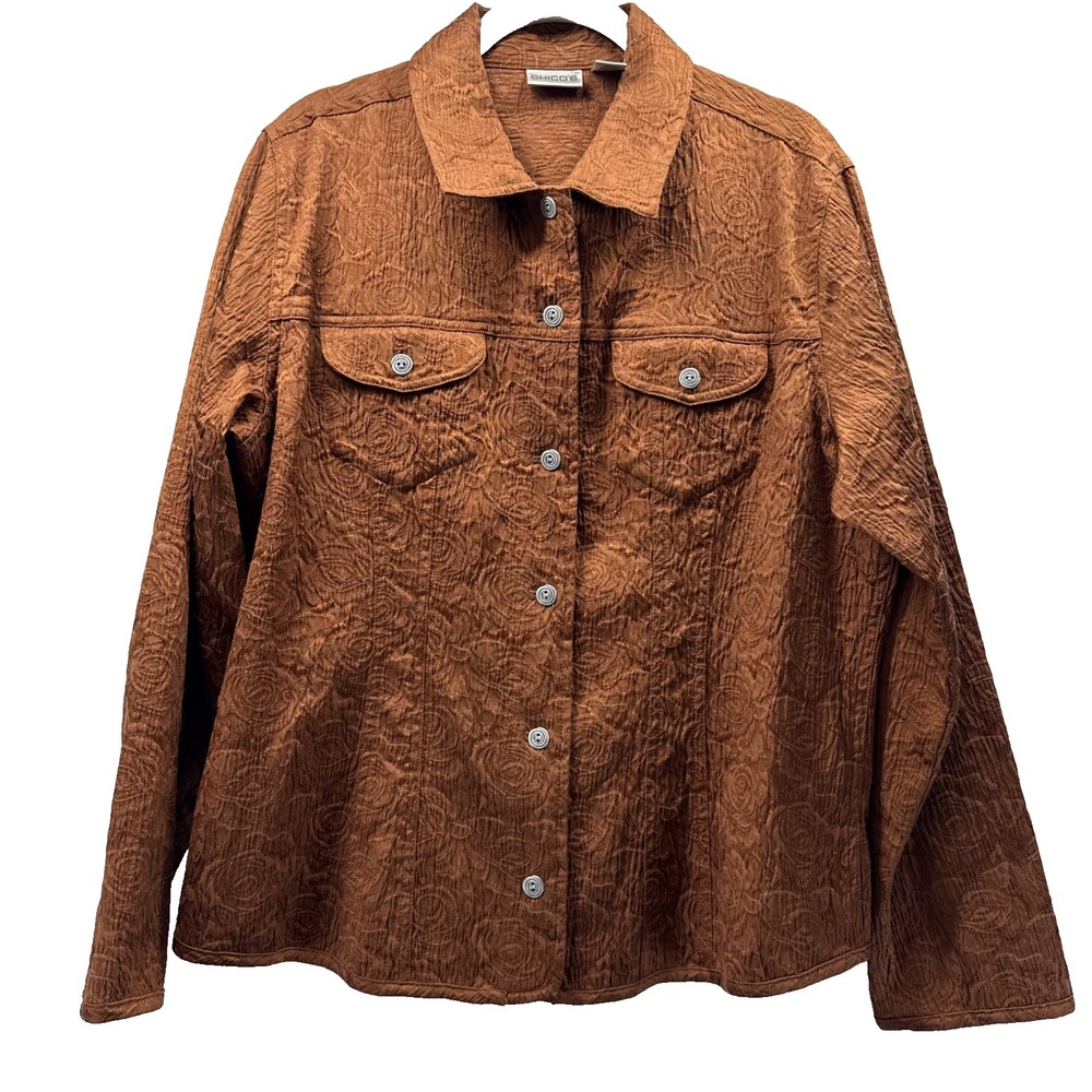 Chicos Womens Brown Textured Floral Jacket Size L Cotton Blend Button Front